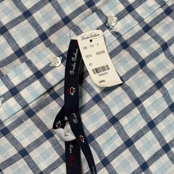 Brooks Brothers Shirt Mens Large White Blue Plaid 100% Irish Linen NWT - Picture 7 of 11